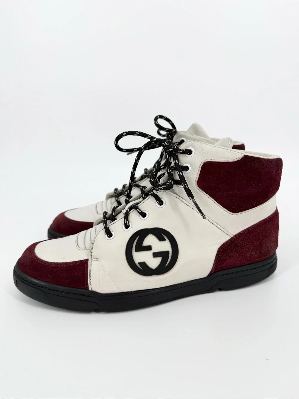 Gucci Burgundy/White GG Interlocking Leather Lace Up High Top Sneakers